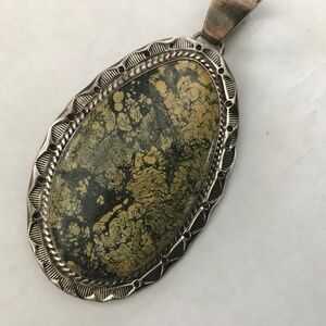 Vintage Navajo large green turquoise pendant by F Arviso, sterling